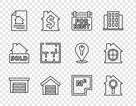 Set line Garage, Search house, Hanging sign with For Rent, House contract, plan, and under protection icon. Vector
