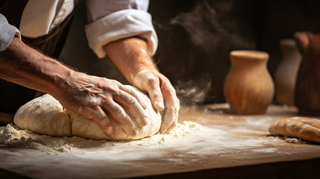 Hands Of A Baker Working The Dough To Make The Bread