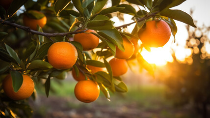 bunch of juicy oranges grow hanging from a tree branch in the morning