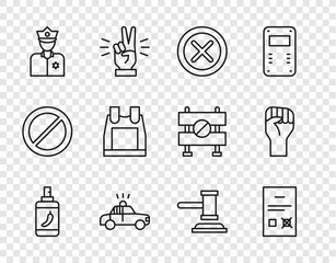 Set line Pepper spray, Poll document, X Mark, Cross in circle, Police car and flasher, officer, Bulletproof vest, Judge gavel and Raised hand with clenched fist icon. Vector