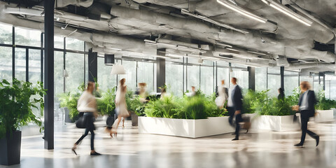 Bright business workplace with people in walking in blurred motion in modern office space. of green...