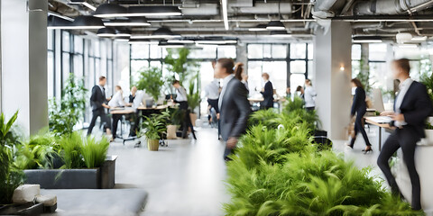 Bright business workplace with people in walking in blurred motion in modern office space. of green plants of deep forest style. - obrazy, fototapety, plakaty