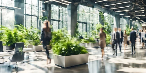 Foto op Aluminium Bright business workplace with people in walking in blurred motion in modern office space. of green plants of deep forest style. © Smile Studio AP