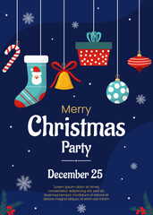 Vector merry Christmas and New Year poster, greeting card template. Invitation on Christmas party. Christmas tree, balls, gift box on blue dark background. Backdrop, flyer for holiday event.