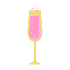 Gold wine glass with pink champagne icon isolated on transparent and white background. Closeup festive element for birthday and wedding design decoration. Vector illustration. Valentine's Day.