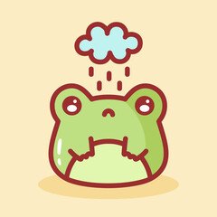 Cute Sad Frog under Cloud. Cute little froggy illustration, sticker. Kawaii green frog amphibian with cloud and rain
