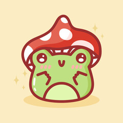 Cute Frog with Fly Agaric Hat. Kawaii Frog with Mushroom on Head. Cute Child Character. Fairytale toad. Vector illustration in Flat style