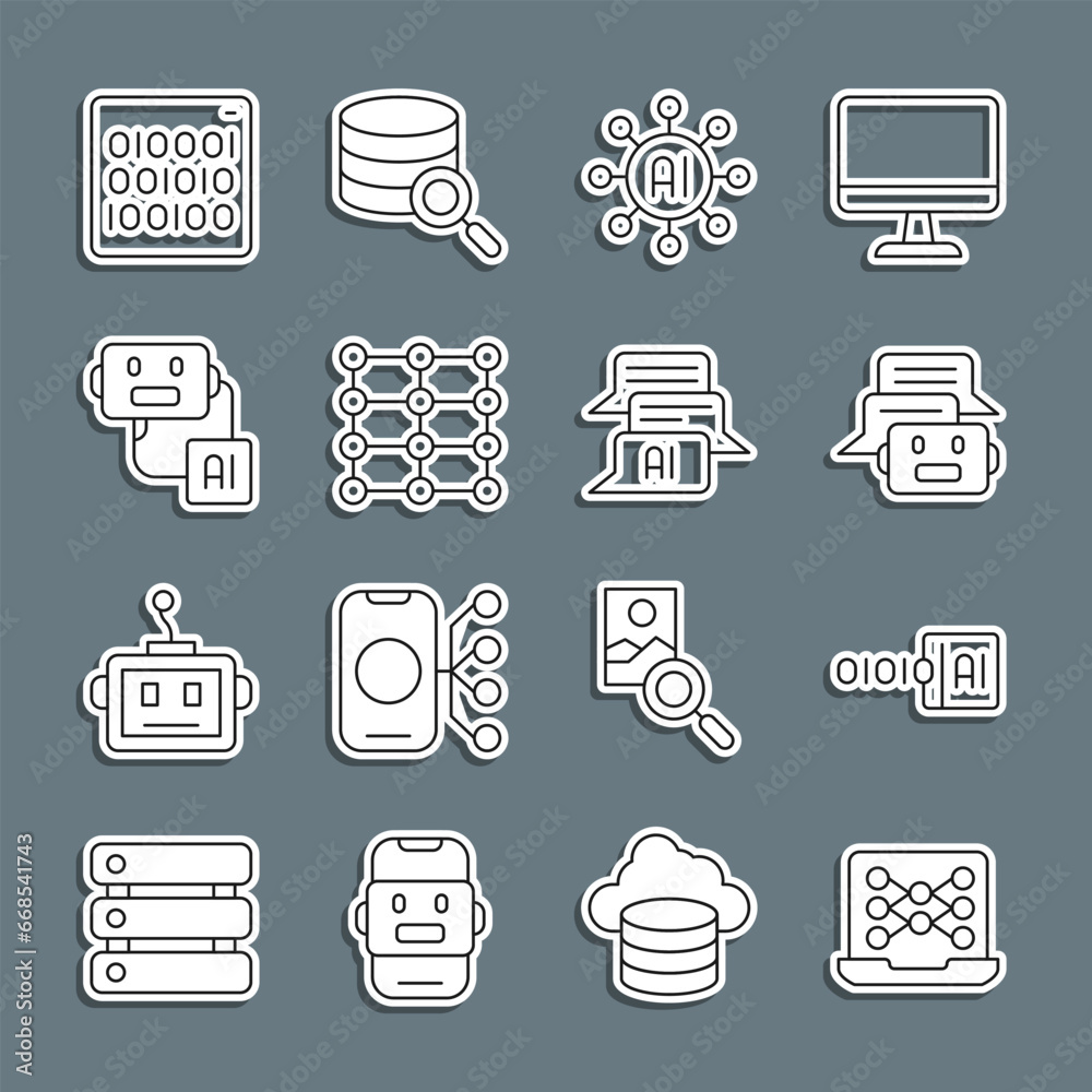 Poster set line neural network, binary code, chat bot, artificial intelligence robot, and icon. vector