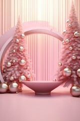 Pink glamour interior with empty space for product. 3d render style, Christmas and new year pedestal or podium