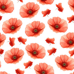 Seamless background pattern of poppy, cornflowers, lily of the valley, camomile with leaves on black. Vector