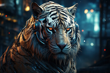 Fototapeta premium A powerful Siberian Tiger standing near a rushing river, the golden sunset casting warm hues over the landscape, Generative Ai