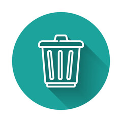 White line Trash can icon isolated with long shadow. Garbage bin sign. Recycle basket icon. Office trash icon. Green circle button. Vector