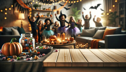 Fototapeta na wymiar Halloween-ready living room table, with celebrating children and candies creating a lively backdrop.