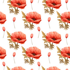 Seamless background pattern of poppy, cornflowers, lily of the valley, camomile with leaves on black. Vector