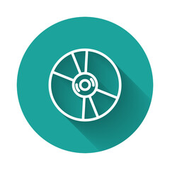 White line CD or DVD disk icon isolated with long shadow. Compact disc sign. Green circle button. Vector