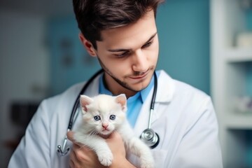 A caucasian young male veterinarian examines a kitten at modern white