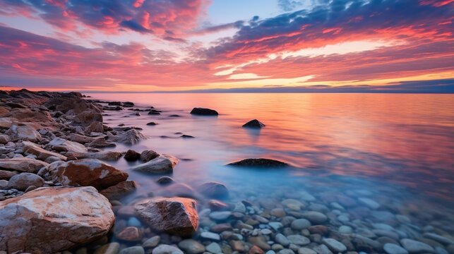 Ethereal Sunset Over Pebbled Shoreline