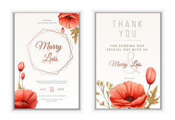 Watercolor wedding invitation with poppy flowers landscape