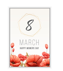 8 march greeting card. Postcard with red flower background. Bouquet.line art flower. Red poppy postcard. Print for T-shirts, fabrics, posters, stickers, postcards,packaging
