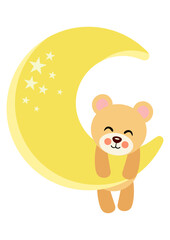 Cute teddy bear hanging on yellow moon