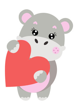 Cute happy hippo holding a heart