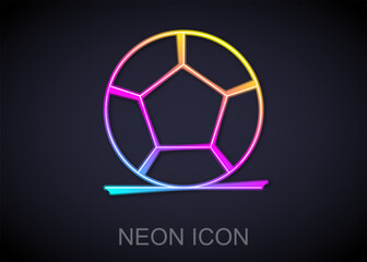 Fototapeta premium Glowing neon line Soccer football ball icon isolated on black background. Sport equipment. Vector