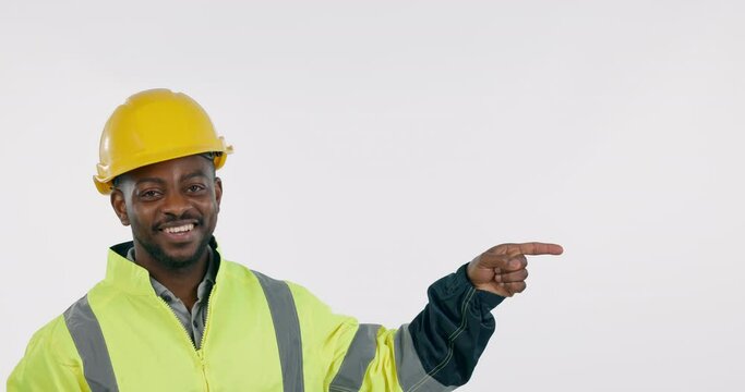 Face, construction worker and marketing in studio for advertising mockup space, checklist or information on white background. Portrait, engineering and black man pointing to steps, comparison or menu