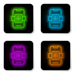 Glowing neon line Artificial intelligence AI icon isolated on white background. Machine learning, cloud computing, automated support assistance and networks. Black square button. Vector