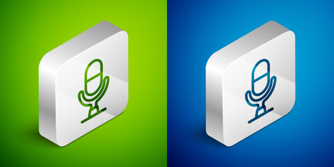 Isometric line Microphone voice device icon isolated on green and blue background. Microphone interpreter and alphabet letters. Silver square button. Vector