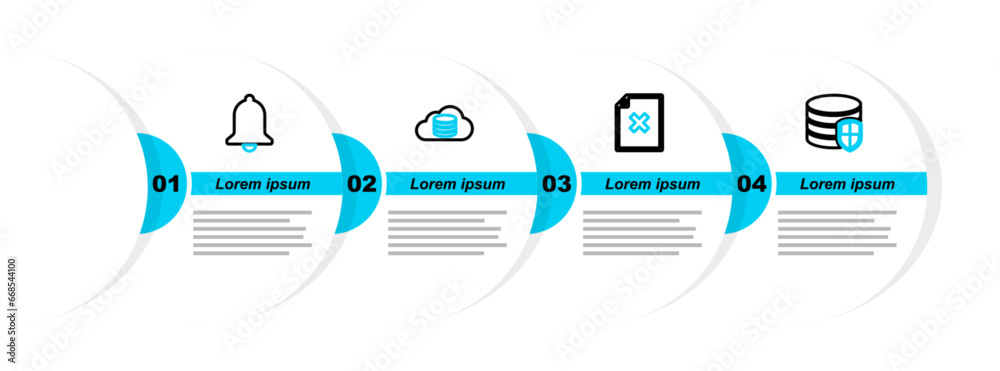 Poster set line database protection, delete file document, cloud database and ringing bell icon. vector