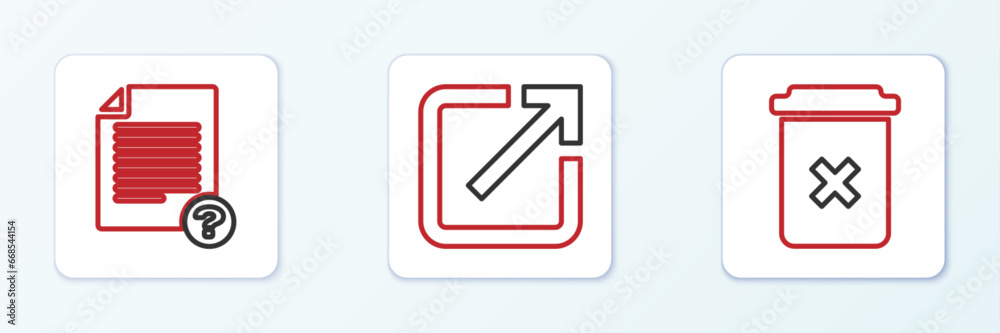 Poster set line trash can, unknown document and open in new window icon. vector