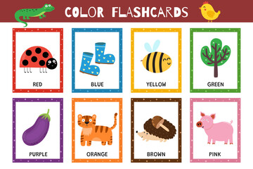 Basic colors flashcards collection for kids. Flash cards set for practicing reading skills. Learn food vocabulary for school and preschool. Red, blue, yellow and more. Vector illustration