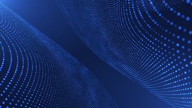 Abstract glowing wave of particles and dots moves on a blue background, The surface of the particle dots is curved. Big data visualization. Artificial intelligence. 3D rendering.