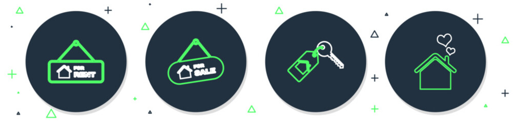 Set line Hanging sign with For Sale, House key, Rent and heart shape icon. Vector