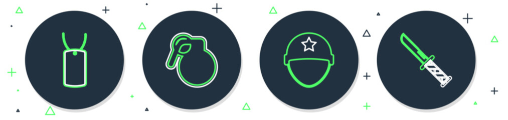 Set line Hand grenade, Military helmet, dog tag and knife icon. Vector