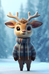 Cute reindeer baby animal cartoon in snowy forest scene