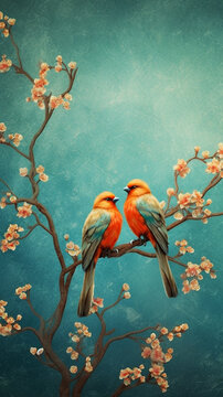 Loving Two Little Love Birds On Tree Branch With Flowers