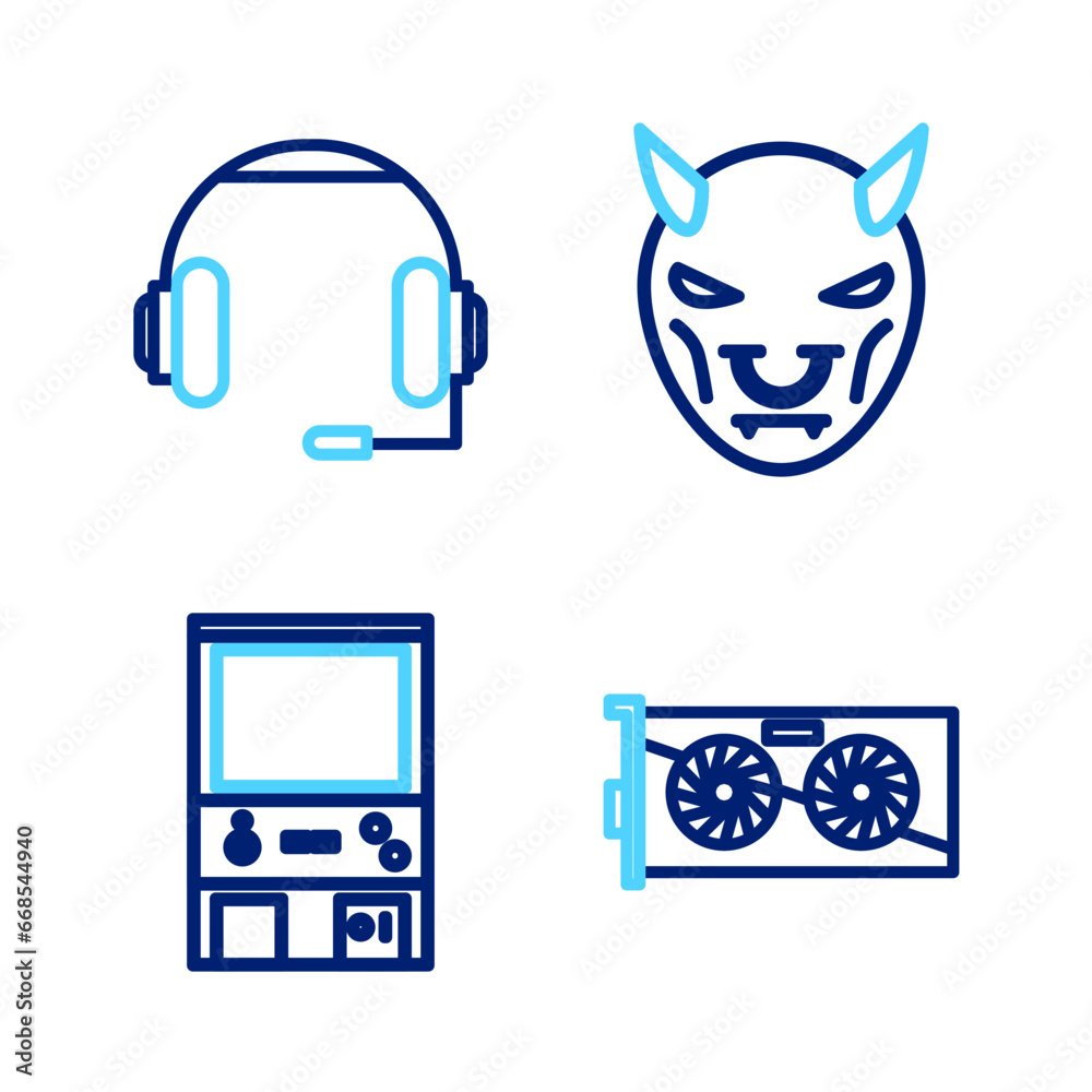 Wall mural set line video graphic card, retro arcade game machine, mask of the devil with horns and headphones 