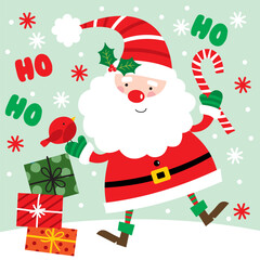 Cute Santa Claus with Christmas gifts and candy cane