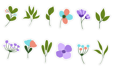 Set of flowers, floral and leaf stickers elements isolated on a white background. Spring stickers for scrapbooking, planner, greeting card and more.