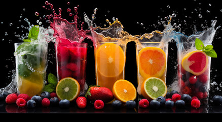 Set of colorful cocktails with splashes and drops on a black background. Cocktails collection. Variety of fresh fruit juices in glasses on a black background. Mixed fruits. Fruit smoothies in glasses - obrazy, fototapety, plakaty