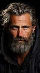 Fototapeta premium Head and shoulders portrait of a bearded middle-aged man looking thoughtfully at the camera over a background. Man face portrait illustration. Generative AI