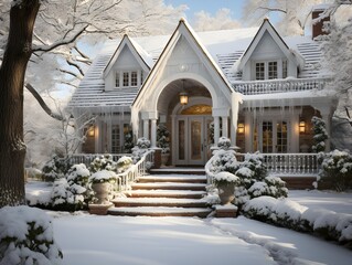 A charming house in the United States, enveloped in a blanket of snow during the Christmas holidays, radiates a warm and inviting atmosphere from within.