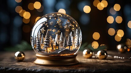 Fototapeta na wymiar Snow globe on marble table against festive lights. Christmas season. Christmas snow globe. Generative AI