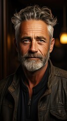 Obraz premium Confident hoary middle aged handsome man looking at camera. Web camera view mature senior grandfather. Man face portrait illustration. Generative AI art