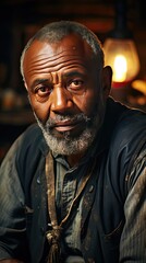 Fototapeta premium Close-up portrait of bald and bearded african american senior man in log cabin. Man portrait illustration. Generative AI