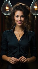 Picture of beautiful woman pointing to teeth. Smile emotion illustration. Generative AI