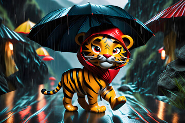 A red hooded tiger is walking down the street with an umbrella
Generative Ai