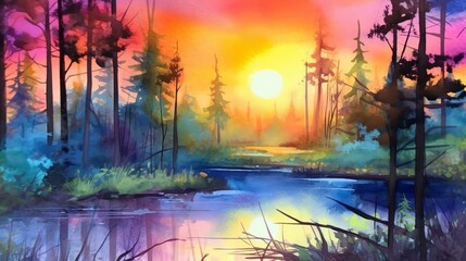 Vibrant watercolor landscape painting. AI generated