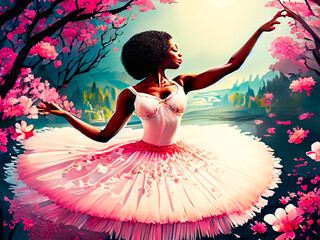 Beautiful ballerina in a blue tutu dancing among the cherry blossoms.